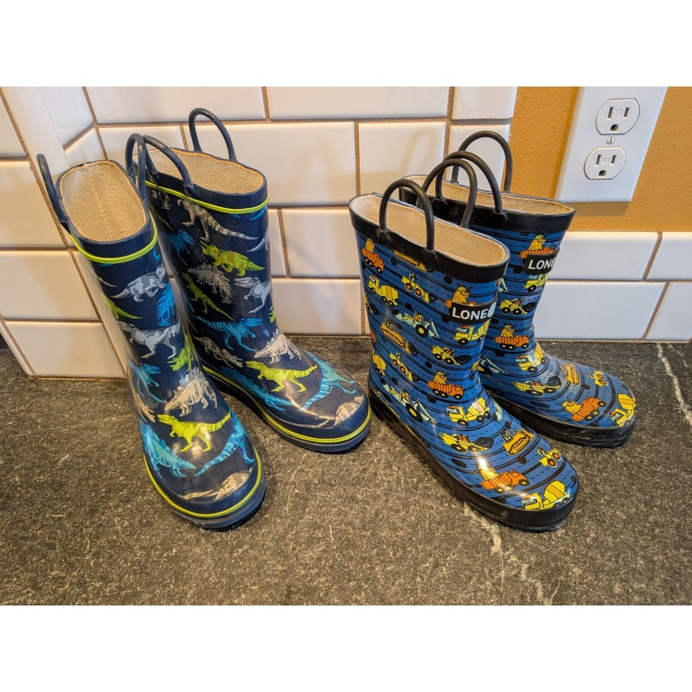 Western Chief Lone Cone Kids Rain Boots Bundle Size 1 Dinosaur Construction Navy